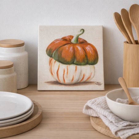 Tableau peint à la main représentant une courge turban sur toile de lin, format 15x15 cm